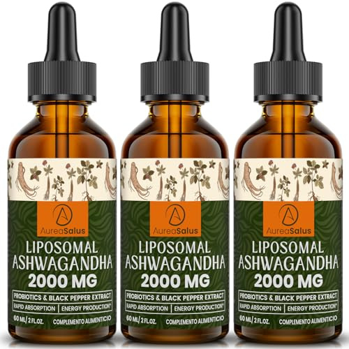 AureaSalus Liposomal Ashwagandha Drops 2000 mg, Extracto Natural puro de Ashwagandha, Probióticos Enriquecidos y Extracto de Pimienta Negra (60 ml (Paquete de 3))