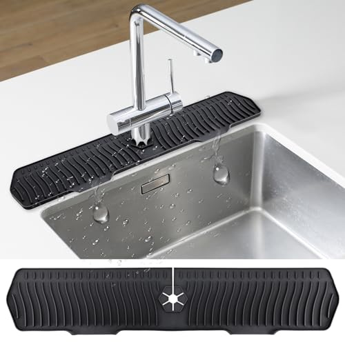 FOSFUKEER Paraspruzzi per Lavello da Cucina, Cuscinetto per Rubinetto Esteso da 75 cm, Cuscinetto di drenaggio in Silicone, Cuscinetto di Asciugatura Multifunzionale (Nero)