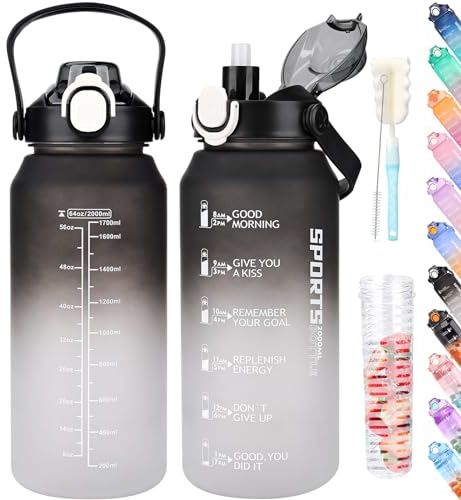 AOPREL Trinkflasche 2l, Wasserflasche mit Strohhalm & Früchtebehälter, Trinkflasche Sport Kohlensäure Geeignet, BPA Frei Auslaufsicher Sportflasche mit Zeitmarkierung für Fitness, Yoga und Outdoor