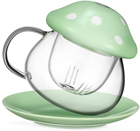 IMIKEYA Tea Mug with Removable Filter Glass Cup with Mushroom Lid and Coaster for Scented Tea Milk Coffee Biscuit Plate Green for Young Ladies and Moms
