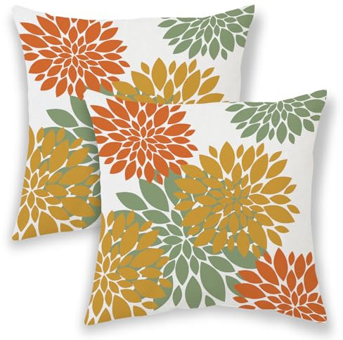 BETGINY Mustard Yellow Sage Green Summer Outdoor Pillow Covers 18x18 Inch 2 Pcs,Geometric Elegant Dahlia Floral Decorative Throw Pillows,Burnt Orange Flower Decor Pillowcase Cushion Cover for Couch