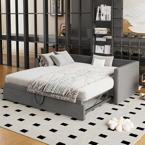 ANIROY Upholstered Bed, 3FT Single Bed 90 x 190cm with Pull-out Trundle 90 x 190cm, Daybed, Sofa Bed for Adults & Teenagers, Linen, Dark Grey