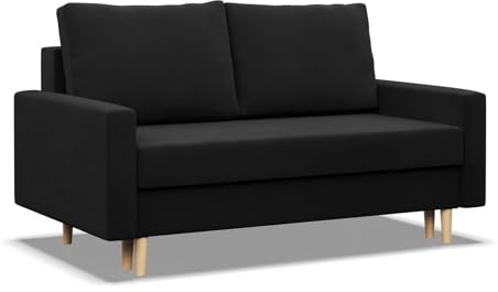 Mebligo - Sofa Mit Schlaffunktion Und Bettkasten Blank, 2 Sitzer 152 cm Breit, Schlafsofa Mit Bonellfederkern im Sitz, Ausziehbares Couch Auf Holzfüßen, Wohnzimmer - Schwarz
