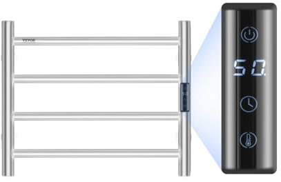 VEVOR Scaldasalviette Termoarredo, Portasciugamani Riscaldato con 4 Barre, Scaldasalviette Impermeabile con Timer e Display LED, 5 Livelli di Temperatura Regolabili, Montaggio a Parete, Argento