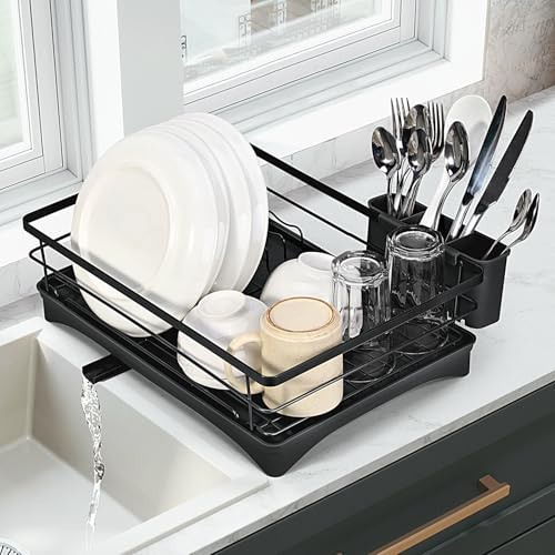 Vinsani Dish Drainer Rack Space Saving Dish Drying Rack Sleek Modern Kitchen Drying Rack with Auto Drainage System Cutlery Holder for Kitchen Countertop (Black)