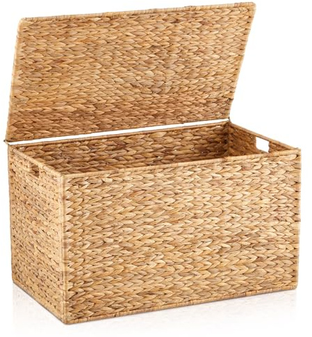 Wonderjune 30 x 17.5 x 17.5 Inch Water Hyacinth Wicker Storage Trunk with Metal Frame, Heavy Duty Storage Chest with Lid Large Rattan Basket for Blankets, Seasonal Clothes, Extra Bedding (Natural)