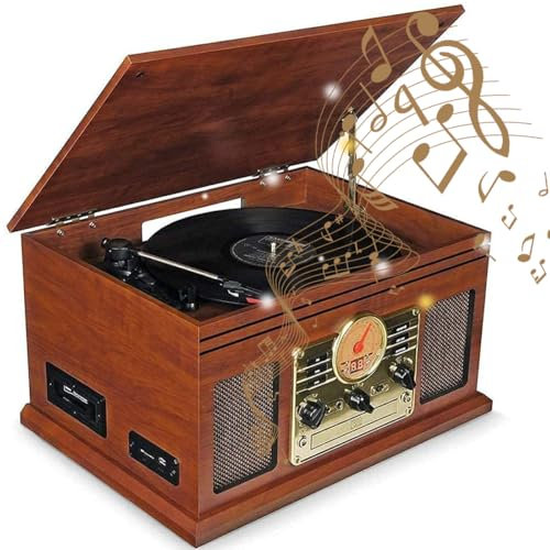 Vintage Record Player, 13W Bluetooth Retro Stereo System for MP3/WMA with Dual Speaker Stereo, USB, AUX in, Retro Wooden Music CD Player FM/AM Radio for Classic Music Lovers