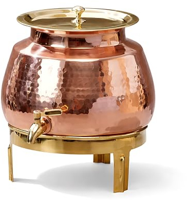 P•TAL Wasserspender aus 100 % reinem Kupfer, schwerer, gehämmerter Kupfertopf mit auslaufsicherem Messingzapfen, Deckel und Ständer, ayurvedische gesundheitliche Vorteile, rotgoldenes Finish