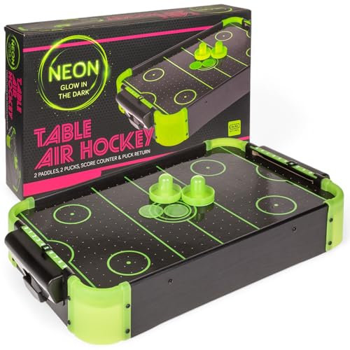 MIJOMA Tisch-Airhockeyspiel „Glow in The Dark“ – Kompaktes Air-Hockey-Set mit Neon-Effekt, 49,5 x 31 x 8,7 cm, batteriebetrieben, inkl. Schieber & Pucks für actionreichen Spielspaß