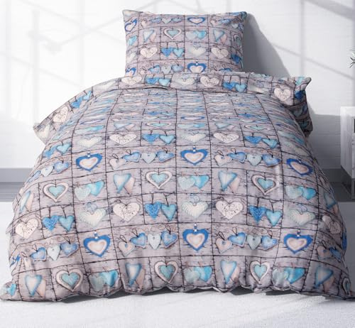 2 tlg. Seersucker Bettwäsche 155x220cm + 80x80cm Landhaus Blau (EW-358-2) | Love Liebe Herzen - Bettgarnitur aus 100% Baumwolle, bügelfrei, Reißverschluss