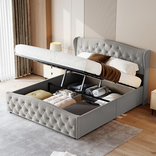 Polsterbett 160x200 cm, Hydraulisch Stauraumbett mit Kopfteil und Lattenrost, Bett 160x200 mit Bettkasten, Doppelbett Jugendbett Rückenlehne Bett,Bettgestell aus Massivholz und Samt,ohne Matratze