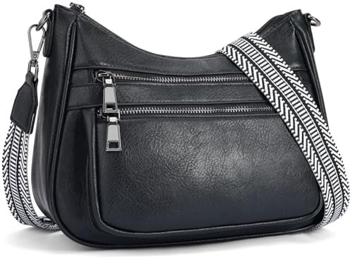 YOVIEE kleine Handtasche Damen Schwarz Umhängetasche aus veganem Leder tasche Crossbody Bag mit Breitem Gurt Schultertasche Kapazität Reisetasche