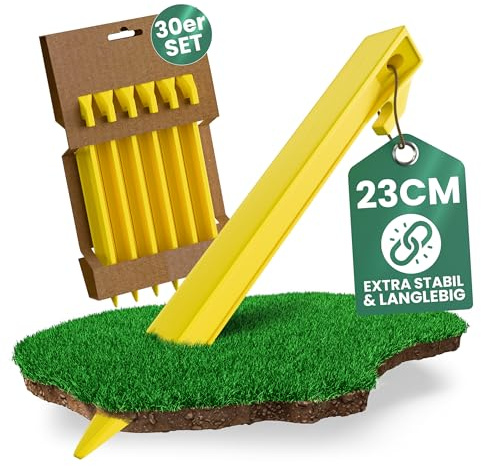 30 Stück Zelt-Heringe 23 cm – Extra stabile Erdnägel aus ABS-Kunststoff – Gelb & gut sichtbar – Für Zelt, Pavillon, Vorzelt & Camping – Ideal für weiche, Harte & sandige Böden