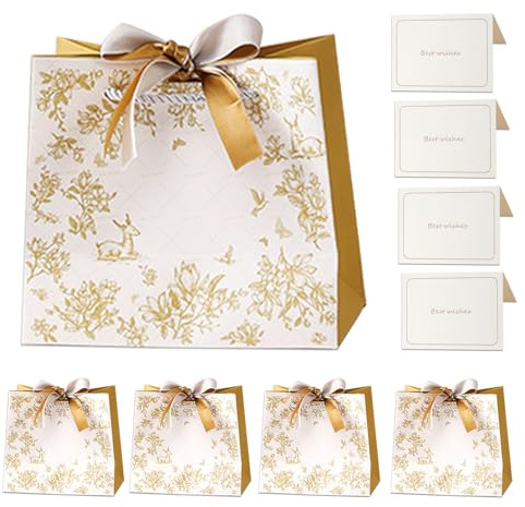 KASESSS 4 Stück Geschenktüten, Geburtstagstüten Kinder, Geschenktaschen, Geschenktüten Geburtstag mit Griffen Karten und Schleifenbändern, Geschenk Tüte für Party Hochzeit 18x16x10cm (Weiß,Gold)