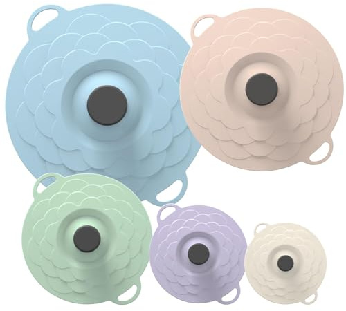 Set di 5 Coperchi in Silicone Riutilizzabili, Coperchi Universali in Silicone per Pentole, Piatti, Ciotole, Tazze,Coperchio Silicone per Microonde, Forno e Frigo,Antipolvere, Ermetico, Senza BPA