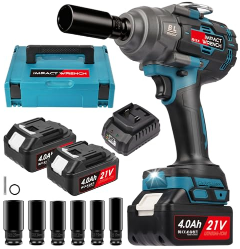 MISTRO Clé à Choc Sans Fil Brushless 1000Nm, 21V Boulonneuse à Chocs Électrique avec Mode Arrêt Auto 2 Batteries 4.0Ah 6 Douilles Robustes (17-27mm) pour Camion SUV et Engins Agricoles