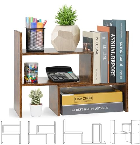 Kongming Bücherregal Klein Schreibtischregal Holz, Schreibtisch Regalaufsatz Organizer, Verstellbare Tischregal Schreibtisch Regal für Zuhause, Büro, Schule (Dunkelbraun)