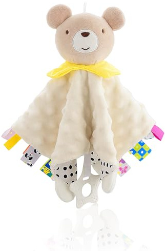 GOZINA Baby Comforter with Rattle and Teether – Soft Baby Blanket with Hanging Strap, Safe Plush Material, Newborn Essentials, (Little Bear)