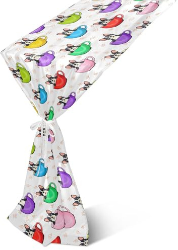 JUMBEAR Runner da tavola in chiffon con simpatici cani francesi seduti in tazze colorate, runner da tavola romantico in tulle trasparente, per Natale, matrimonio, festa del tè, baby shower, festa di