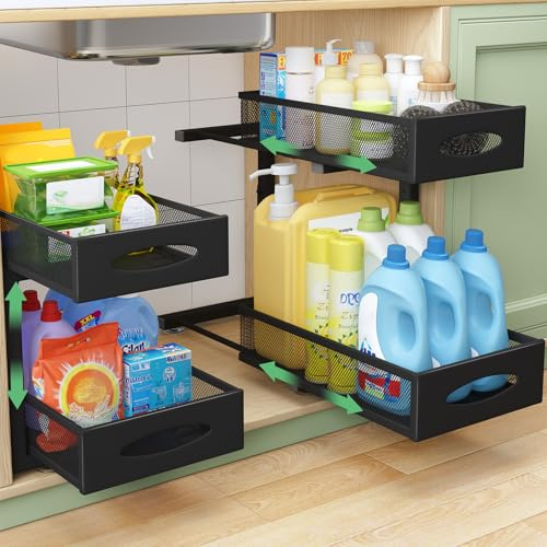 Kitstorack Rangement sous Évier - Organisateur en Métal 2 Niveaux avec Hauteur Réglable - Salle de Bain et Plan de Travail - Rangement et Organisation (Noir, 2 Paquet)