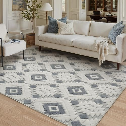 PureCozy Blau Grau Teppich Wohnzimmer 120x170cm Boho Schlafzimmer Waschbarer Groß Teppiche 3D Effekt Gegend Esszimmer Kinderzimmer Bettvorleger Flauschig Kurzflor Carpet