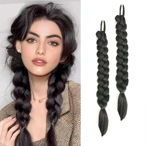 2 Pcs 16 zoll Black Braid Extensions Pferdeschwanz Verlängerung mit Haargummi 40cm Lange Geflochtener Ponytail Verlängerung Natürliches Haarverlängerung Synthetisches Zopf Haarteil für Damen