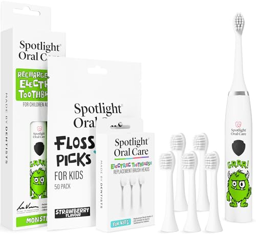 Spotlight Oral Care for Kids Sonic Electric Toothbrush Bundle - Made by Dentists & Mums | Gentle Sonic Cleaning with 6 Replacement Heads & Floss Picks | Enamel-Safe, Rechargeable Kids Toothbrush