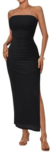 Trendy Queen Womens Bodycon Dress Summer Beach Vacation Outfits 2026 Maxi Party Cocktail Dresses Tropical Floral Clothes Wedding Guest Strapless Tube Tops Solid Black S