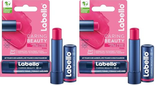 Labello Caring Beauty Pink Lippenpflegestift mit Farbe und Sonnenschutz, farbige Lippenpflege mit LSF 30, Vitamin E & Bio-Mandelöl, Lippenbalsam für Lippen & Wangen (4,8 g) (Packung mit 2)