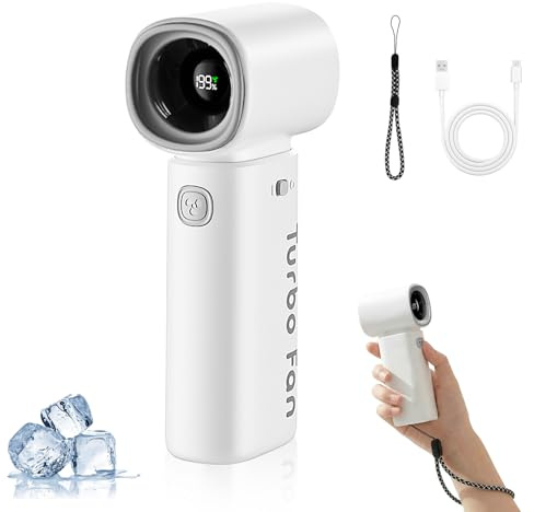 Focenat Ventilador de Mano Turbo Potente, Mini Ventilador Portátil USB Recargable 3600mAh, Pequeño Ventilador de Bolsillo con 5 Velocidades y Pantalla LED, Ideal para Viaje Oficina Camping (Blanco)
