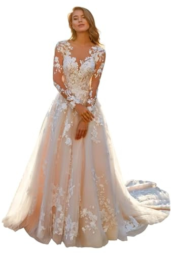 IUYRESX Damen Spitzenapplikationen Blumen Tüll Brautkleider Standesamt A-Linie Boho Strand Prinzessin Hochzeitskleid Mit Schleppe