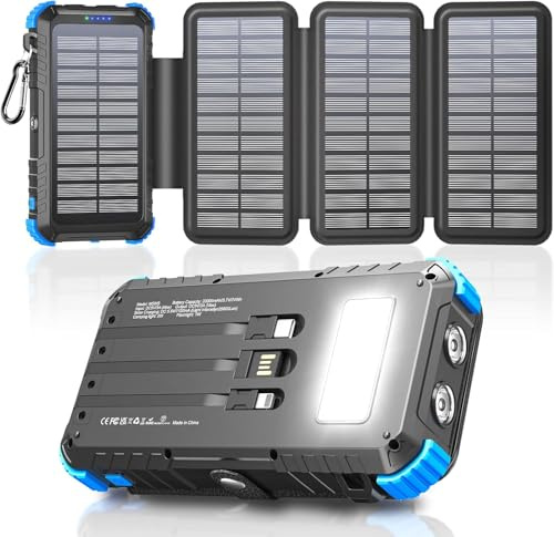 Solar Power Bank 20000mAh with 4 Panels & Built in Cables, Portable Charger with USB-C, Powerbank 15W Fast Charging 3A Output/Input for Phone, Outdoor Camping Battery Pack with Flashlight