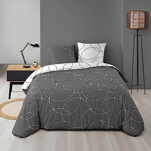 douceur d'intérieur, Parure de Lit 3 Pièces (240 x 220 cm) Elton Gris, Microfibre Imprimée