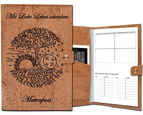 SIMARU Mutterpasshülle Mit Liebe Leben schenken aus wasserabweisendem Korkleder, Schutzhülle für den deutschen Mutterpass, Ultraschallbilder und Versichertenkarte mit Baum des Lebens bedruck (Beige)