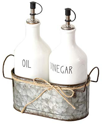 Your Heart's Delight Ceramic Oil and Vinegar Cruets Set with Galvanized Caddy