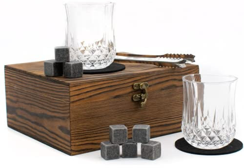 TRIXES Set regalo per bicchieri da whisky, set da degustazione di whisky per gli uomini, bicchieri da whisky, pietre da whisky, kit di sottobicchieri, la festa del papà, pensionamento regalo