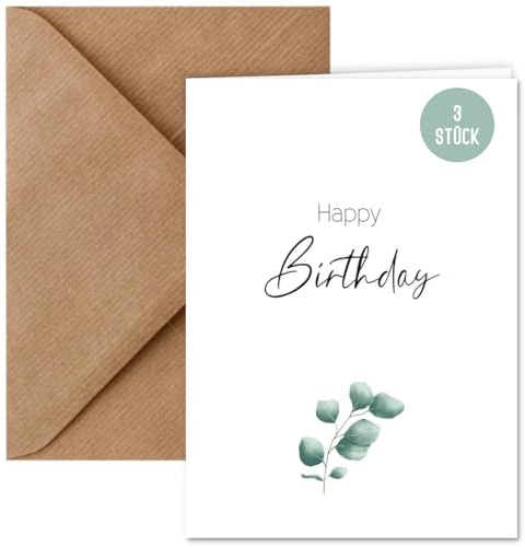 3x Geburtstagskarte inkl. Naturkuvert | Klappkarten zum Geburtstag Happy Birthday aus Naturpapier | Geburtstagskarte DIN A6 inklusive 3 Umschläge | Glückwunschkarte Eucalyptus (3 Stück)