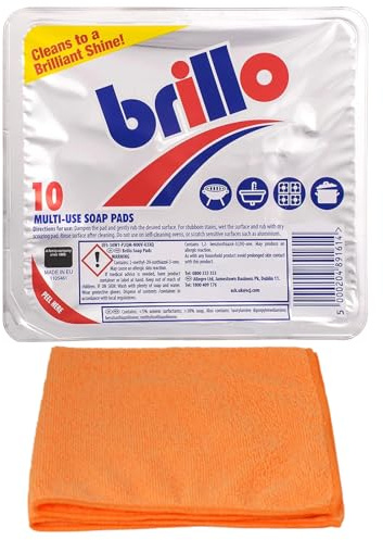 Brillo Multi-use Soap Pads (10 Pads)- Household Cleaner - Effective for Cleaning Pots, Pans, Cookers - with Ultra Absorbent Microfibre Cleaning Cloth