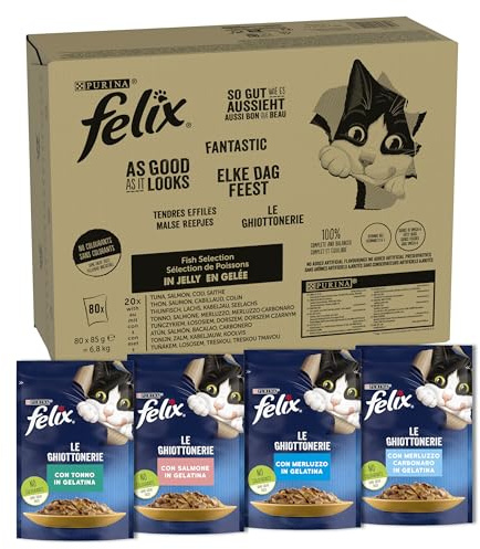 FELIX Le Ghiottonerie Alimento Umido per Gatti Selezioni con Pesce Maxi Confezione, 80 Bustine Facili da Servire, Teneri Bocconcini in Gelatina, 4 Gusti Deliziosi, Nutrizione Completa