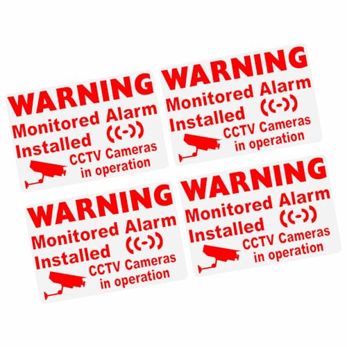 4 x M2R Small Monitored Alarm System Signs Installed and CCTV Video Recording Stickers Red On Clear Camera Security Warning Window Mini Self Adhesive Vinyl 90x60mm