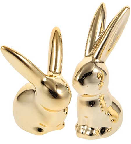Veemoon Keramik Osterhase Figur Kannichen Statue Skulptur Hasen Dekofigur Tierfigur Osterdeko Ornament für Zuhause Wohnzimmer Schlafzimmer Bücherregal Büro Tischdeko 2 Stück Gold, 8X5.5X3CM