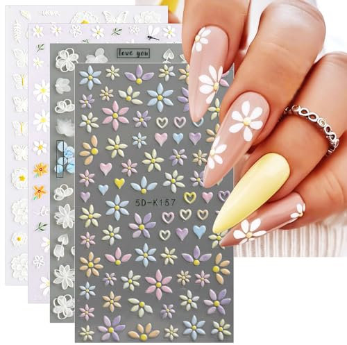 JMEOWIO 3D Fleur Printemps Été Stickers Ongles Nail Art, Autocollants Ongles Autoadhésif 5D Deco Ongle Nail Art Design Manucure 4 Feuilles