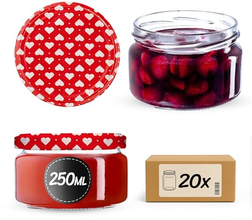 KADAX 20er Set Einmachgläser 250ml TO82 Herz, Marmeladengläser Vorratsgläser Mason Jar mit Schraubdeckel, Luftdicht & Spülmaschinenfest, Honig- & Dessertgläser