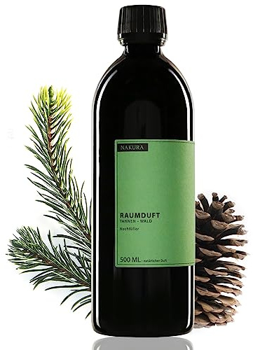 NAKURA® Bio Raumduft Nachfüller TANNEN – WALD 500 ml – Refill für Reed Diffuser & Raumspray – Violettglas – inkl. 15 Diffuserstäbchen – 100% naturreine ätherische Öle, ohne synthetische Duftstoffe