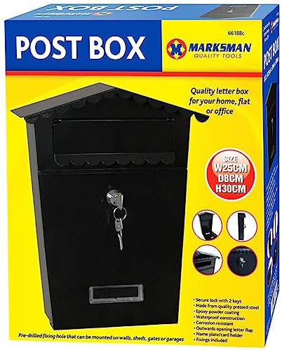 MARKSMAN Post Box COMPACT (W25cm x D8cm x H30cm) Mail Letter Holder Steel Lockable Heavy Duty Letter Box For Home, Flat Or Office Outdoor Wall Mounted With Keys UK FREE P&P (Black)
