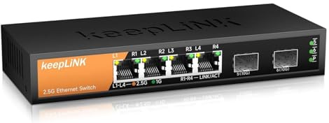 keepLiNK 6-Port 2,5G Switch, Nicht verwaltet, 4 x 2,5GBASE-T-Ports und 2 x 10GBASE-T-SFP-Steckplätze, 60 Gbit/s Switching-Kapazität, Plug & Play/Wandmontage möglich/lüfterloses Metallgehäuse