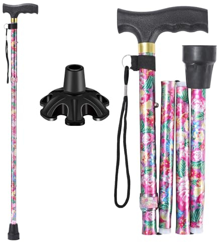 Walking Cane ATMTV Cane for Woman | Mobility & Daily Living Aids | 5-Level Height Adjustable Walking Stick | Comfortable Plastic T-Handle Portable Folding Cane with Replace Tip Green Sakura Pink