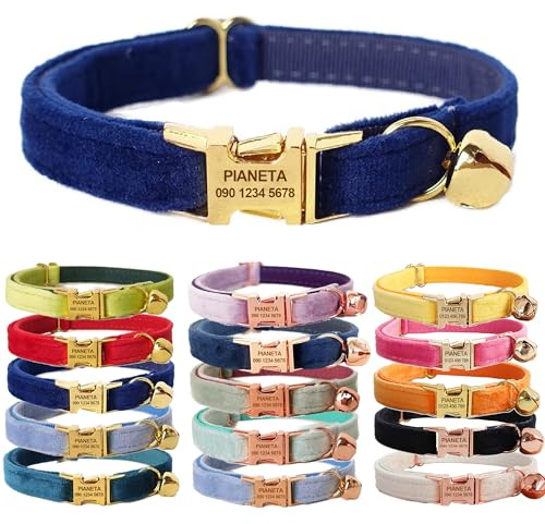 Personalisiertes Katzenhalsband mit Namensschild, verstellbares Samt Katzenhalsband mit Klingel, Haustier Halsband mit Name Telefonnummer Gravierte ID Tags,Marineblau, S (16cm-26cm)