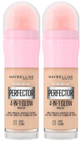 Maybelline New York Instant Age Perfector Glow 4-in-1 Concealer BB Cream Highlighter Primer Farbe 01 Light Claire mit Applikationsschwamm - 2 Flaschen à 20 ml