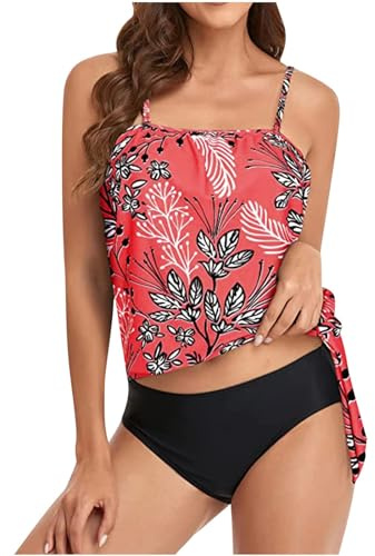Bandeau - Traje de baño para mujer, tankini de dos piezas sin tirantes, con control de abdomen, estampado vintage, camiseta sin mangas y pantalones cortos, traje de baño de cintura alta, Rojo De La